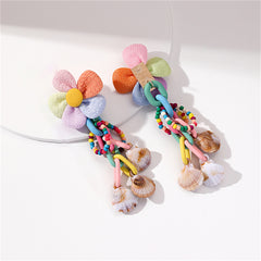 Pink & Blue Howlite Shell-Accent Flower Tassel Drop Earrings