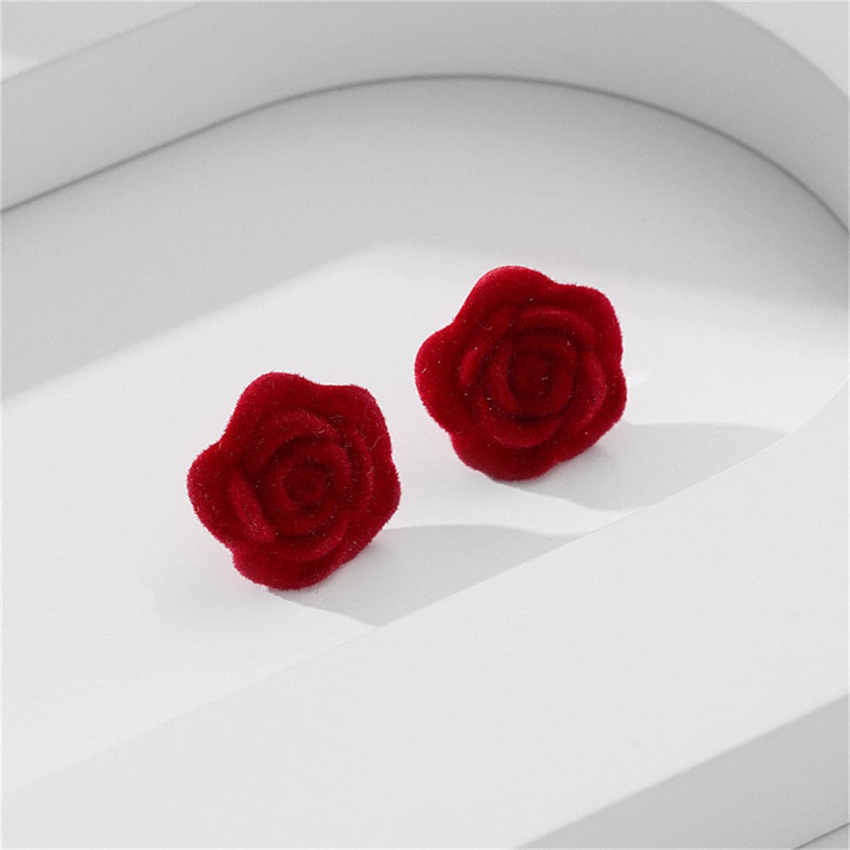 Dark Red Nylon and Silver-Plated Rose Stud Earrings, silver stud earrings for women, everyday style, front view