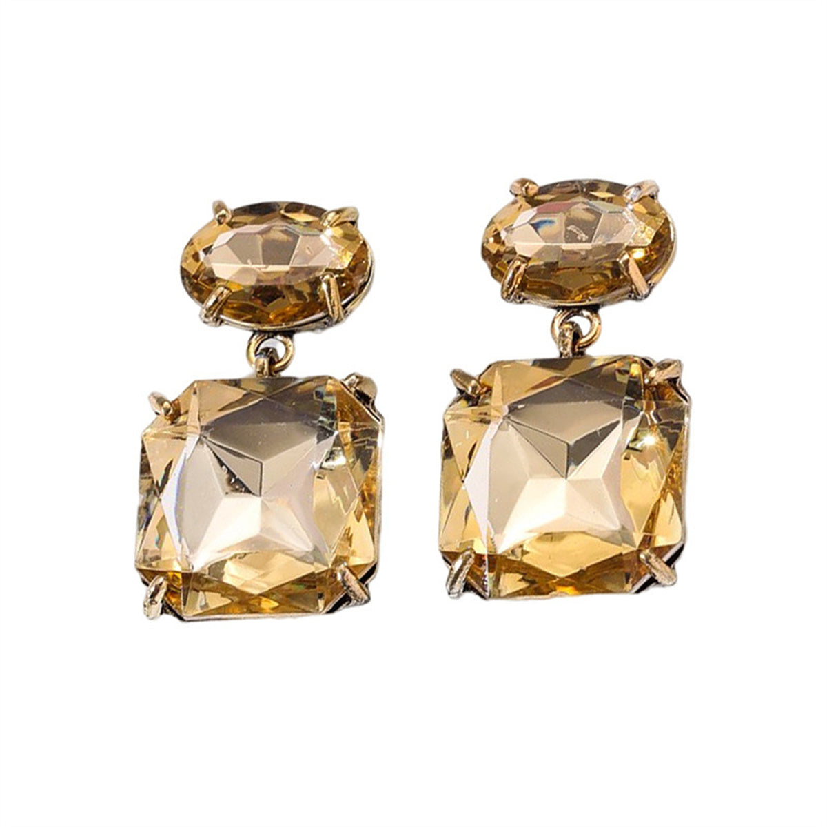 Champagne Crystal and 18K Gold-Plated Square Drop Earrings, gold drop earrings for women, vintage-inspired design, side view