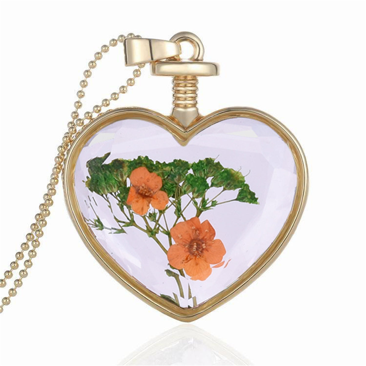 Peach Pressed Flower and 18K Gold-Plated Heart Pendant Necklace, gold pendant necklace for women, everyday style, front view