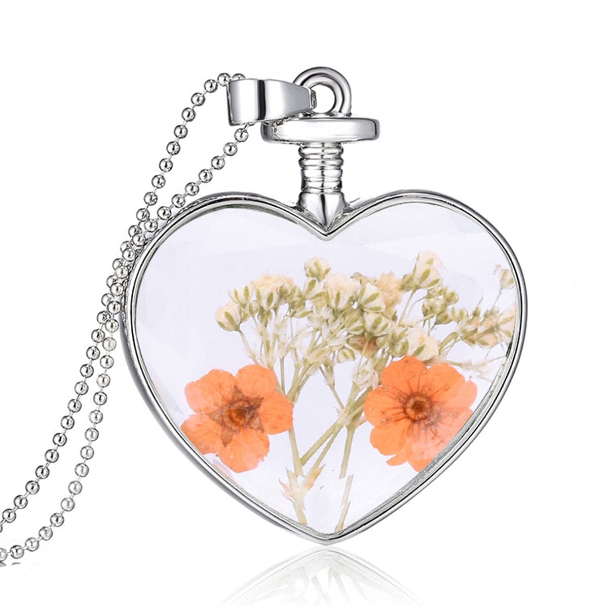 Yellow Pressed Peach Blossom and Silver-Plated Heart Pendant Necklace, silver pendant necklace for women, front view