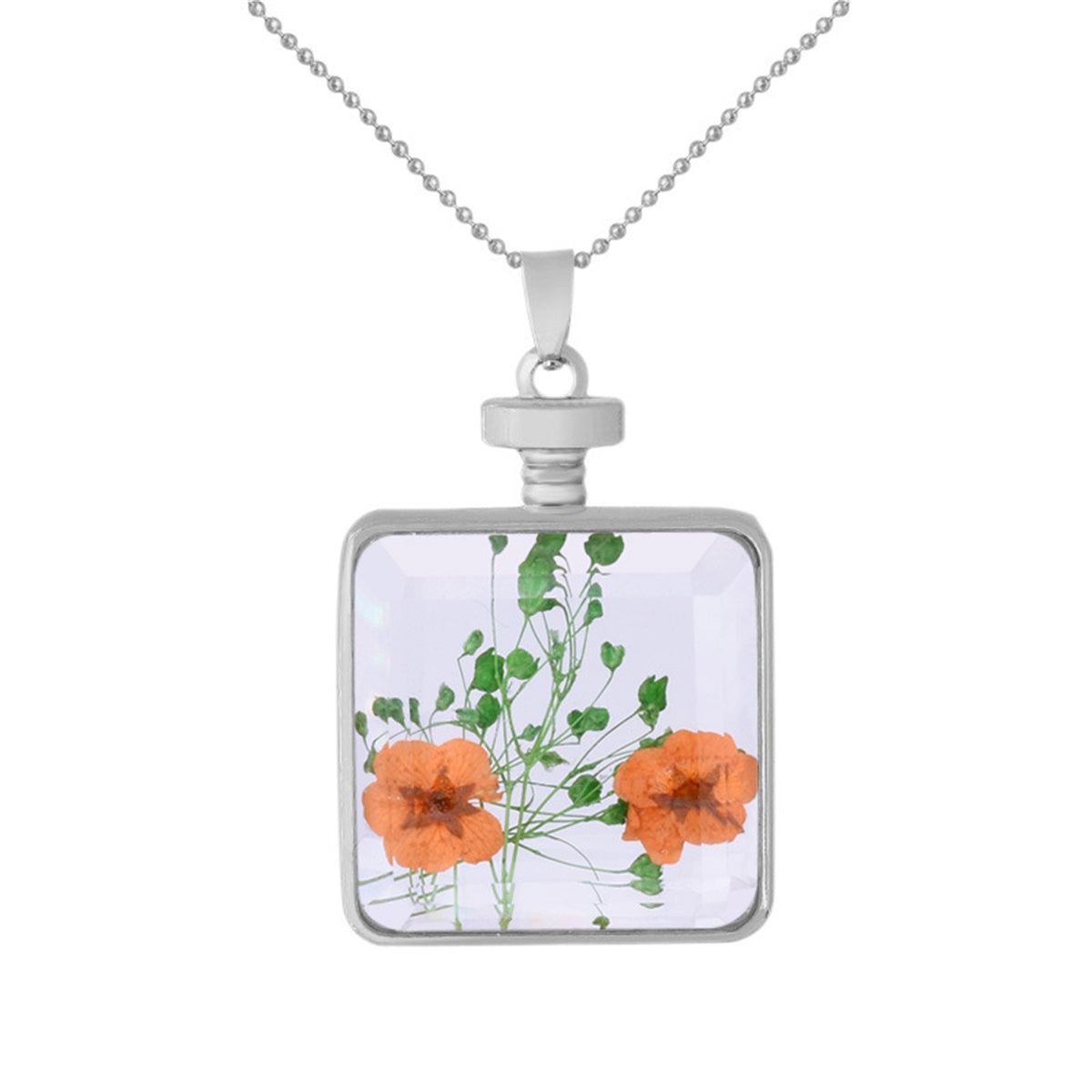 Peach and Silver-Plated Pressed Flower Square Pendant Necklace, silver pendant necklace for women, front view