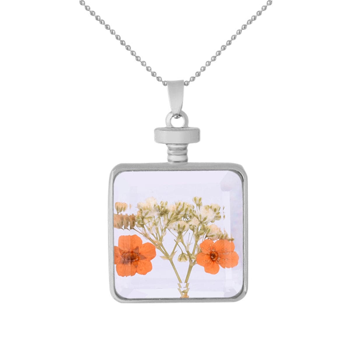 Orange Pressed Flower and Silver-Plated Square Pendant Necklace, silver pendant necklace for women, front view
