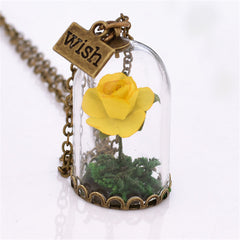 Yellow & Green 'Wish' Encased Rose Pendant Necklace