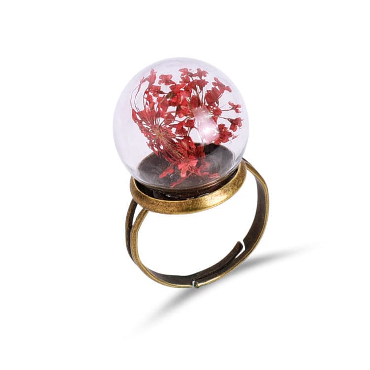 Red Gypsophila and Glass Blossom Dome Ring, statement rings for women, vintage-inspired design, front view