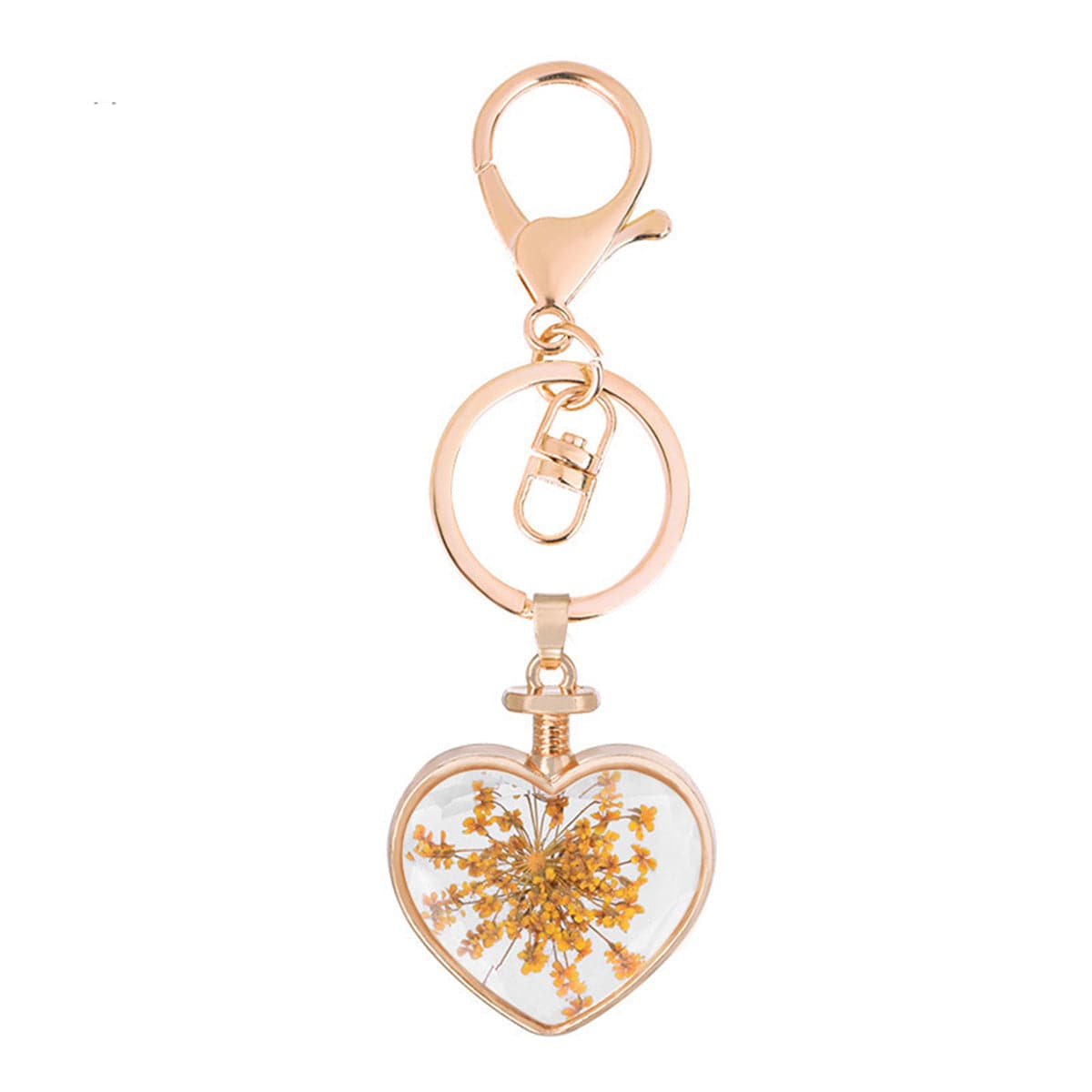 Orange Pressed Gypsophila and 18K Gold-Plated Heart Key Chain, gold pendant necklace for women, front view