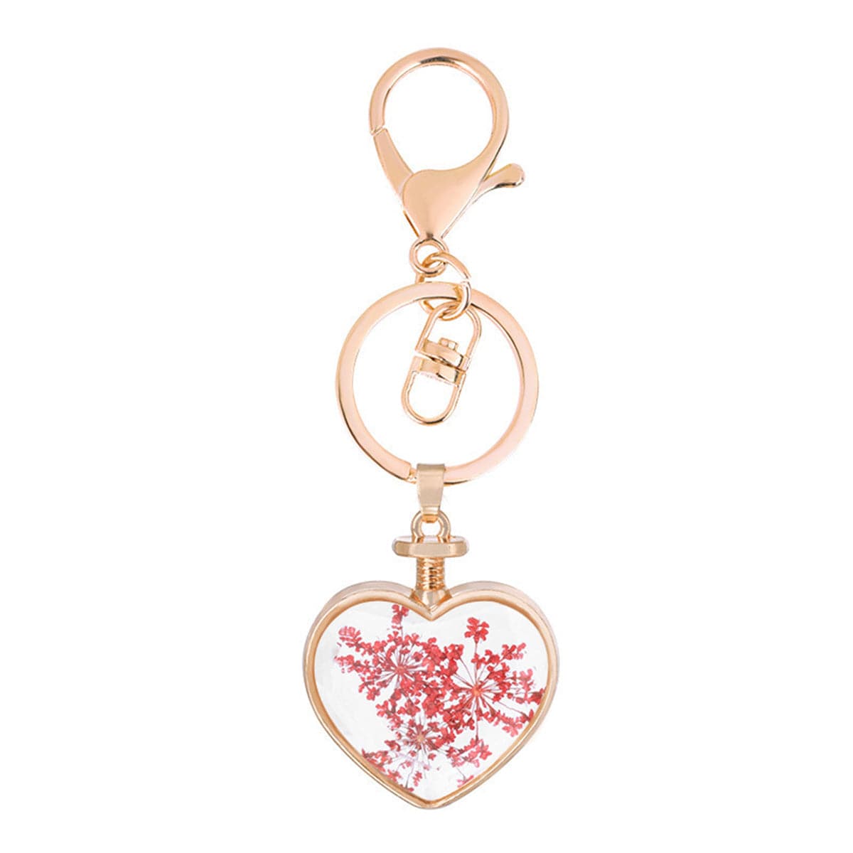 Red Pressed Gypsophila and 18K Gold-Plated Heart Key Chain, gold pendant necklace for women, front view