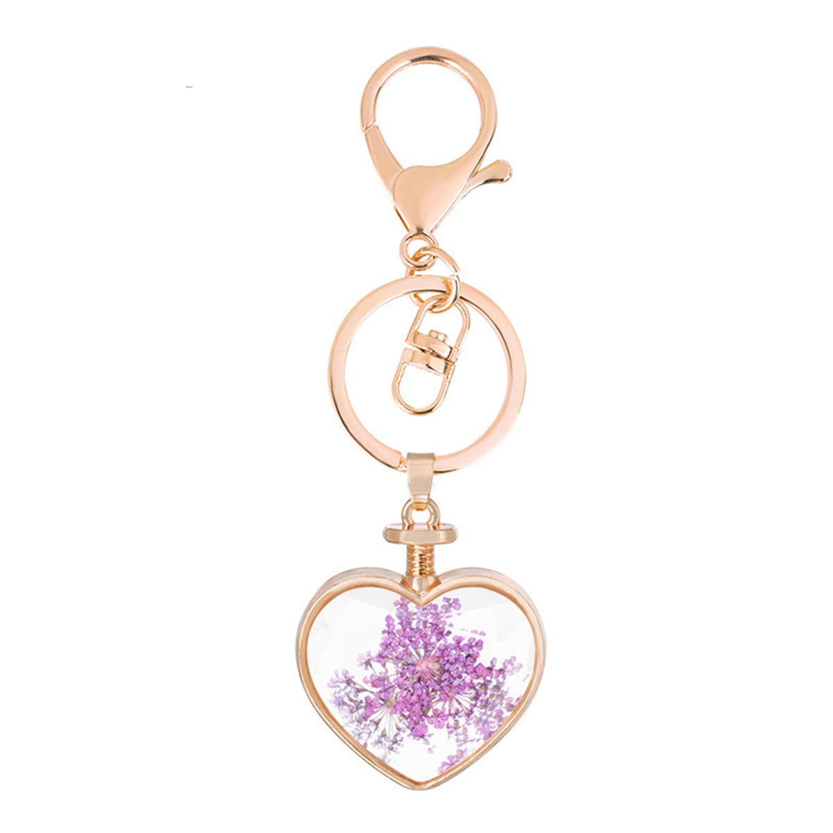 Violet Flower and 18K Gold-Plated Pressed Baby'S Breath Heart Key Chain, gold pendant necklace for women, front view