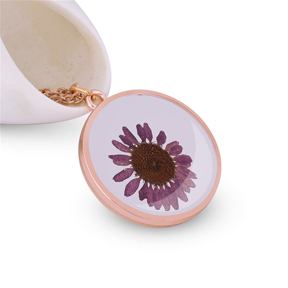 Purple Pressed Mum and 18K Rose Gold-Plated Round Pendant Necklace, rose gold pendant necklace for women, front view