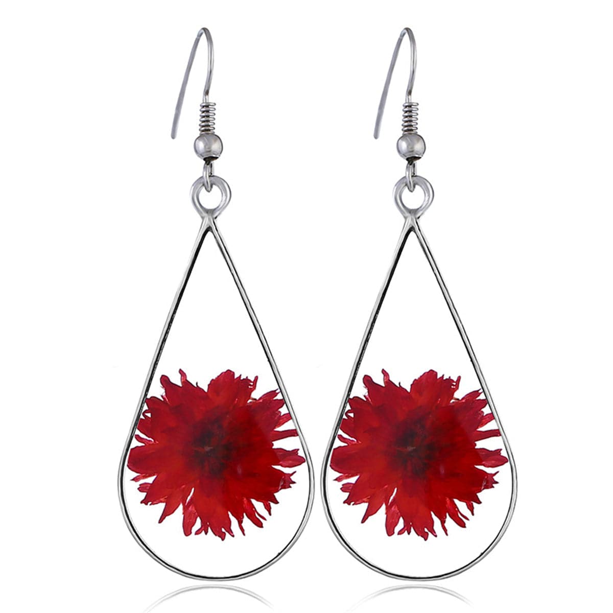Red Pressed Peony and Silver-Plated Teardrop Earrings, silver drop earrings for women, elegant gift for her, front view
