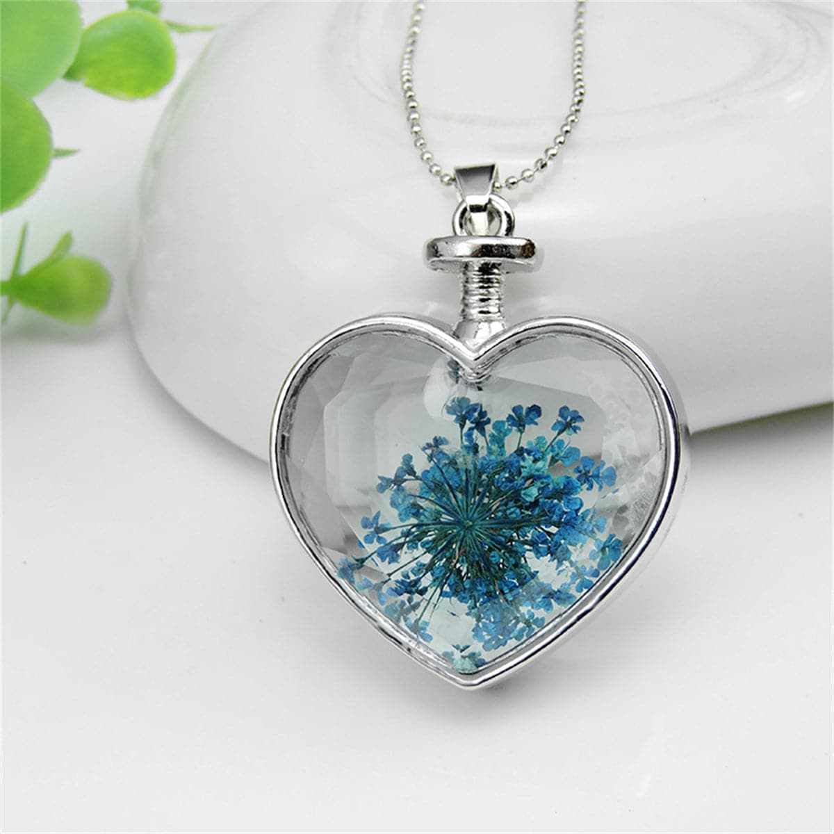 Blue Pressed Gypsophila and Silver-Plated Heart Pendant Necklace, silver pendant necklace for women, front view