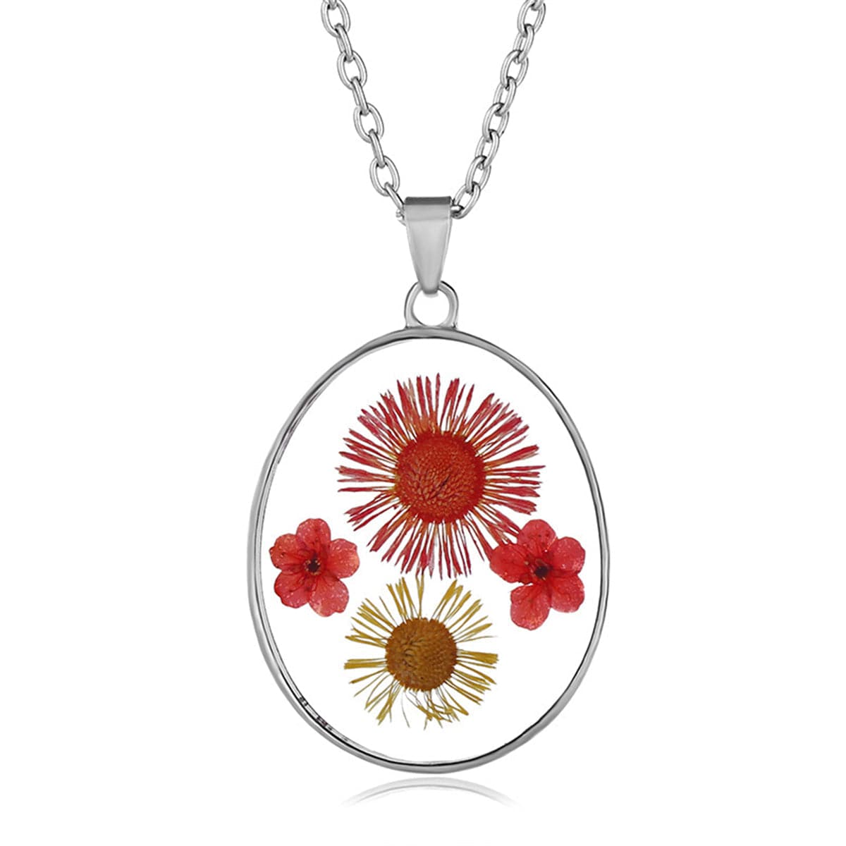 Red Pressed Lghermia and Silver-Plated Oval Pendant Necklace, silver pendant necklace for women, front view