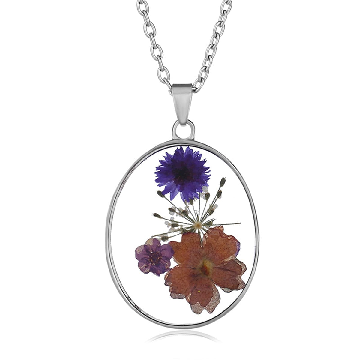 Purple and Orange Pressed Flower Oval Pendant Necklace, pendant necklace for women, elegant gift for her, side view