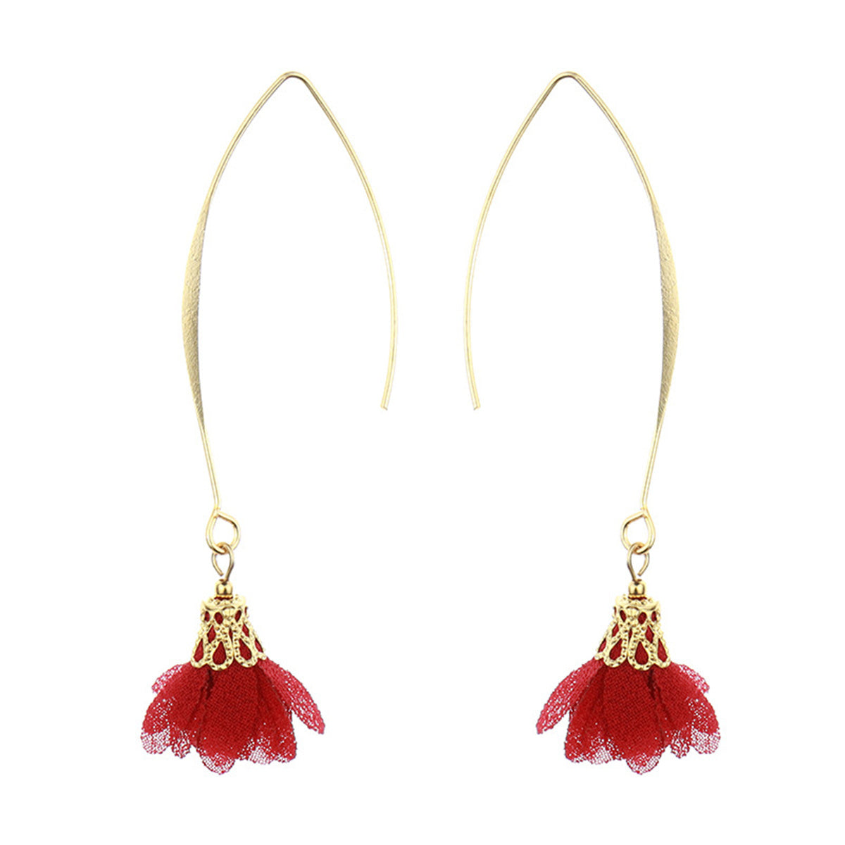 Red Polyster and 18K Gold-Plated Flower Drop Earrings, gold drop earrings for women, botanical inspired, side view