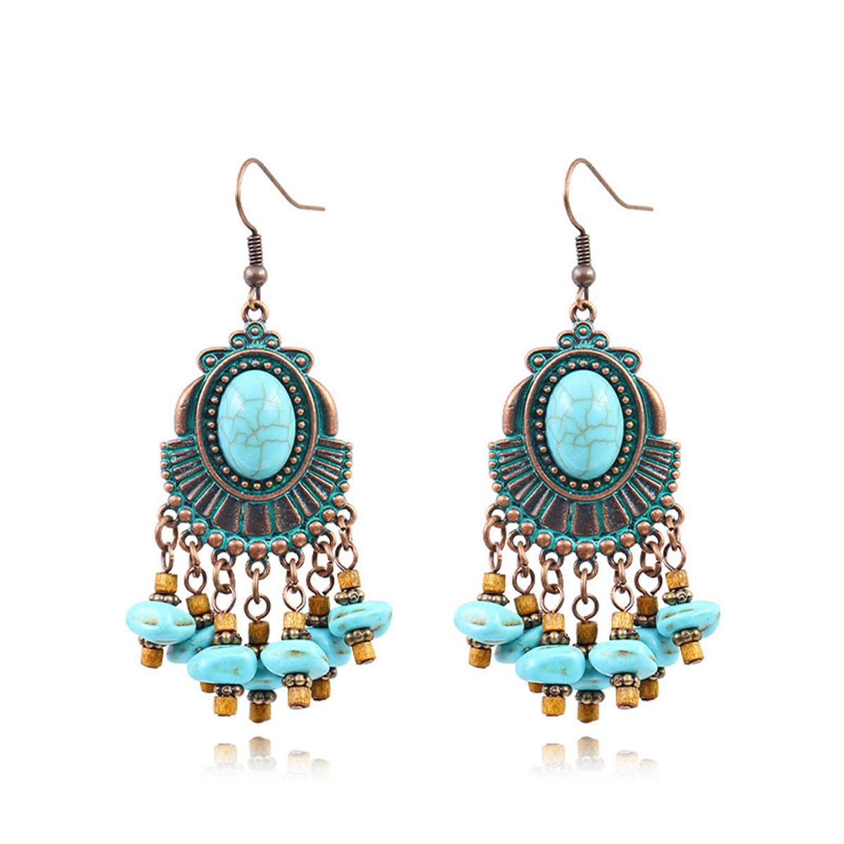 Turquoise and Wood 18K Gold-Plated Round Tassel Drop Earrings, gold drop earrings for women, botanical inspired, side view