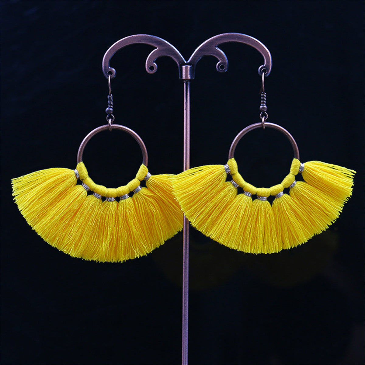 Yellow Polyster and 18K Gold-Plated Fan Tassel Drop Earrings, gold drop earrings for women, side view