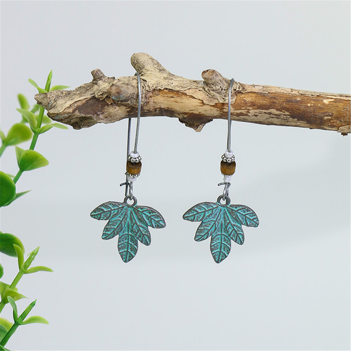 Howlite and Wood Leaf Drop Earrings, drop earrings for women, dainty minimalist design, side view