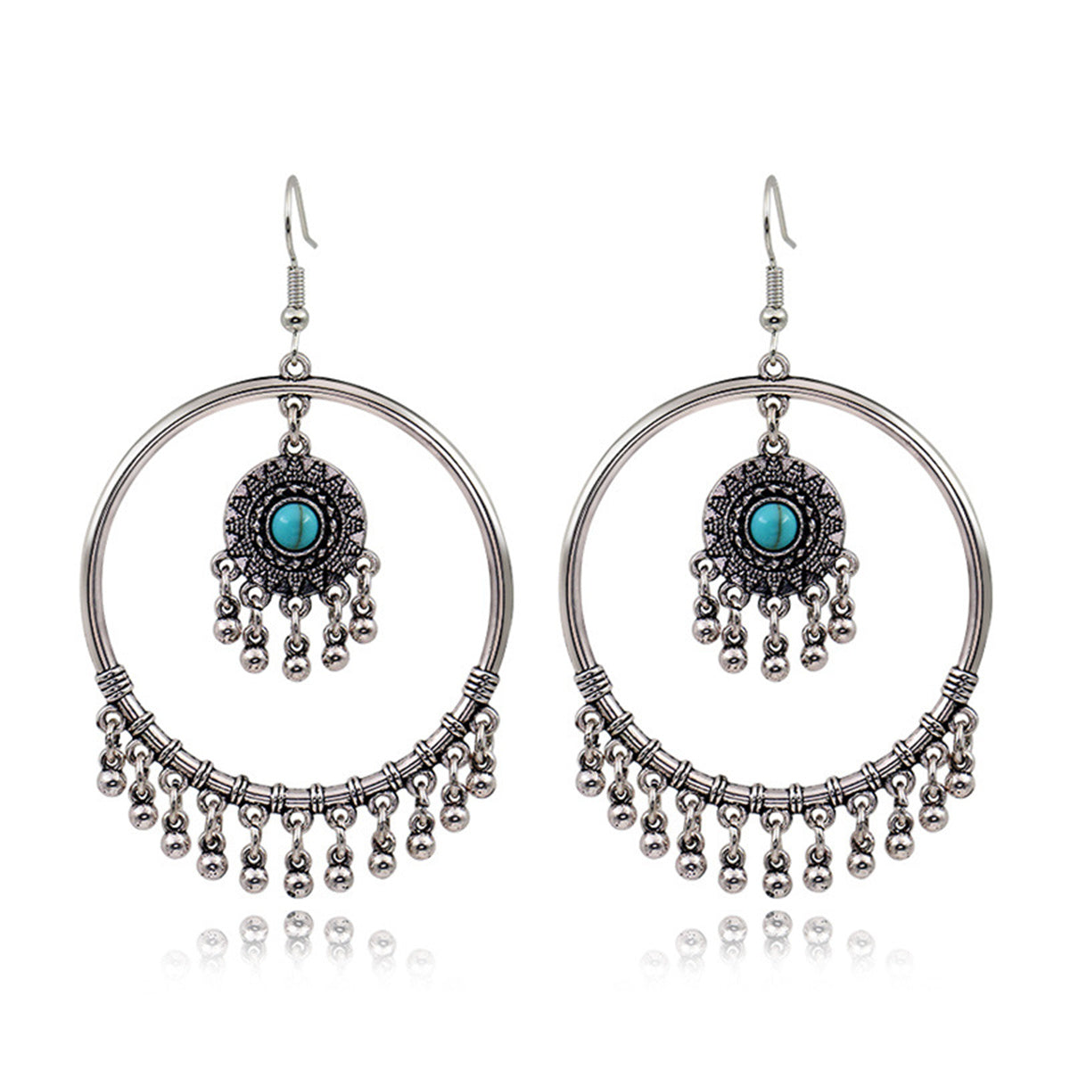 Turquoise and Silver-Plated Big Circle Drop Earrings, silver drop earrings for women, botanical inspired, detail close-up