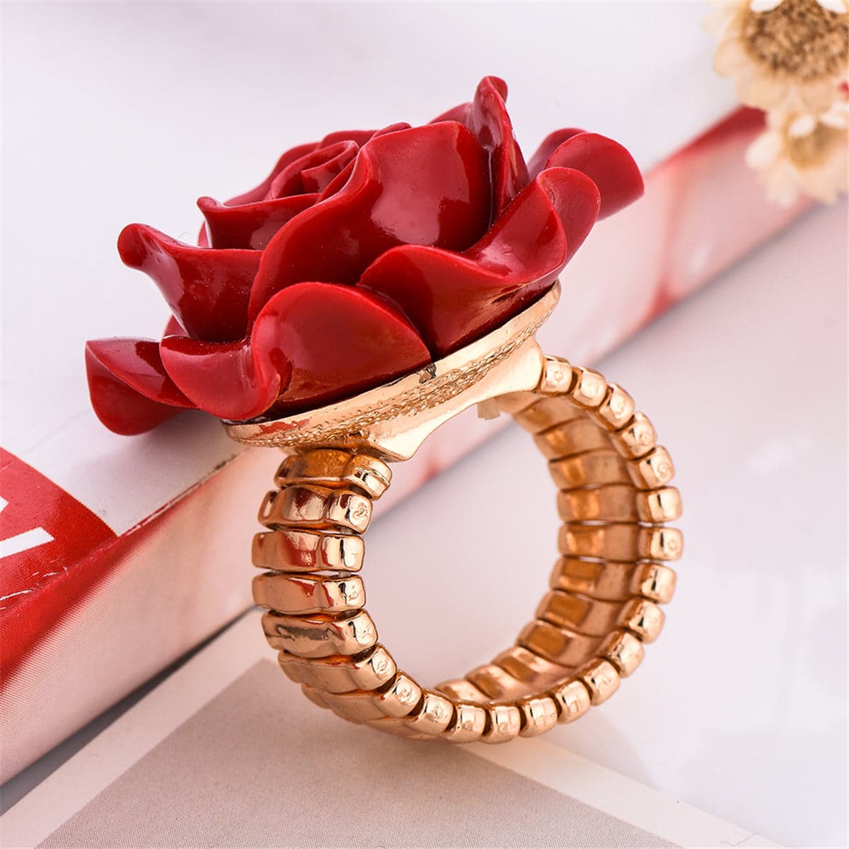 Red and 18K Gold-Plated Rose Stretch Ring, gold statement rings for women, vintage-inspired design, lifestyle look