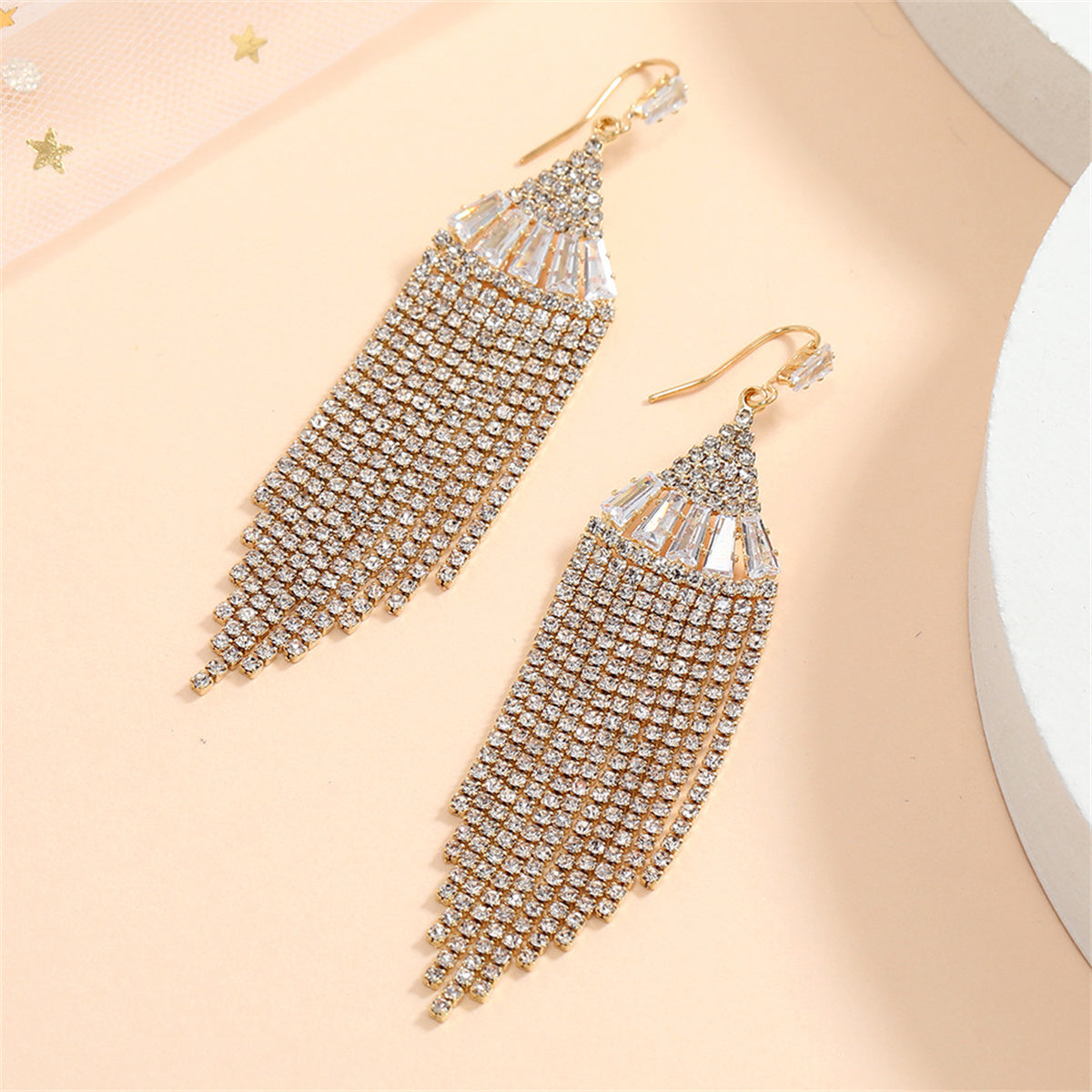 Cubic Zirconia and Crystal 18K Gold-Plated Tower Tassel Drop Earrings, gold drop earrings for women, styled look