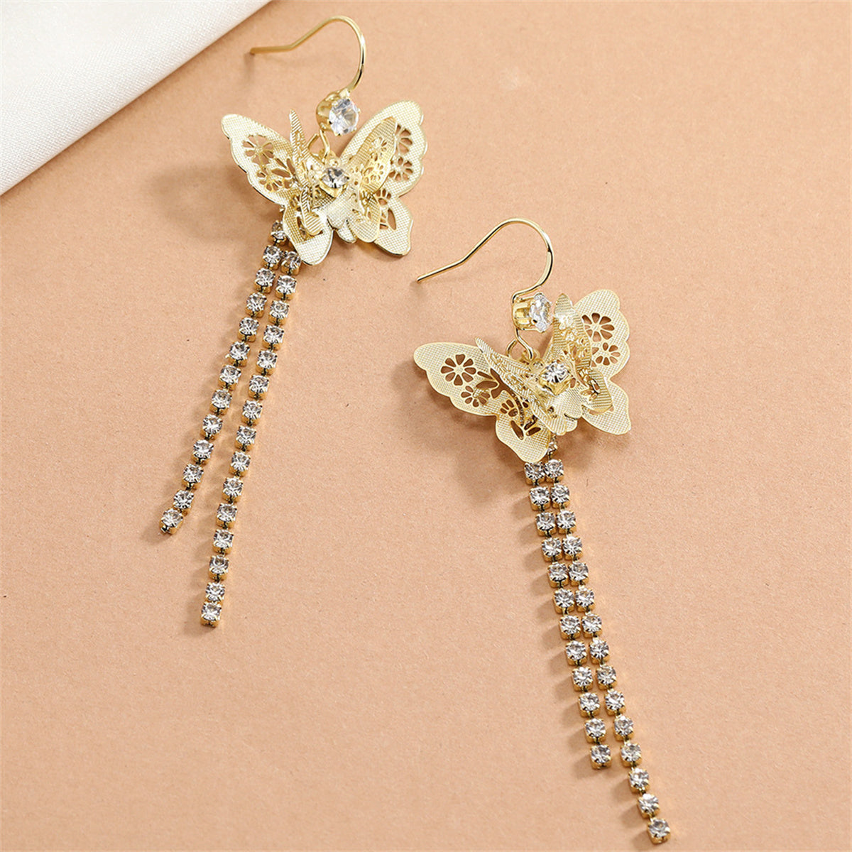 Cubic Zirconia and 18K Gold-Plated Butterfly Tassel Drop Earrings, gold drop earrings for women, styled look