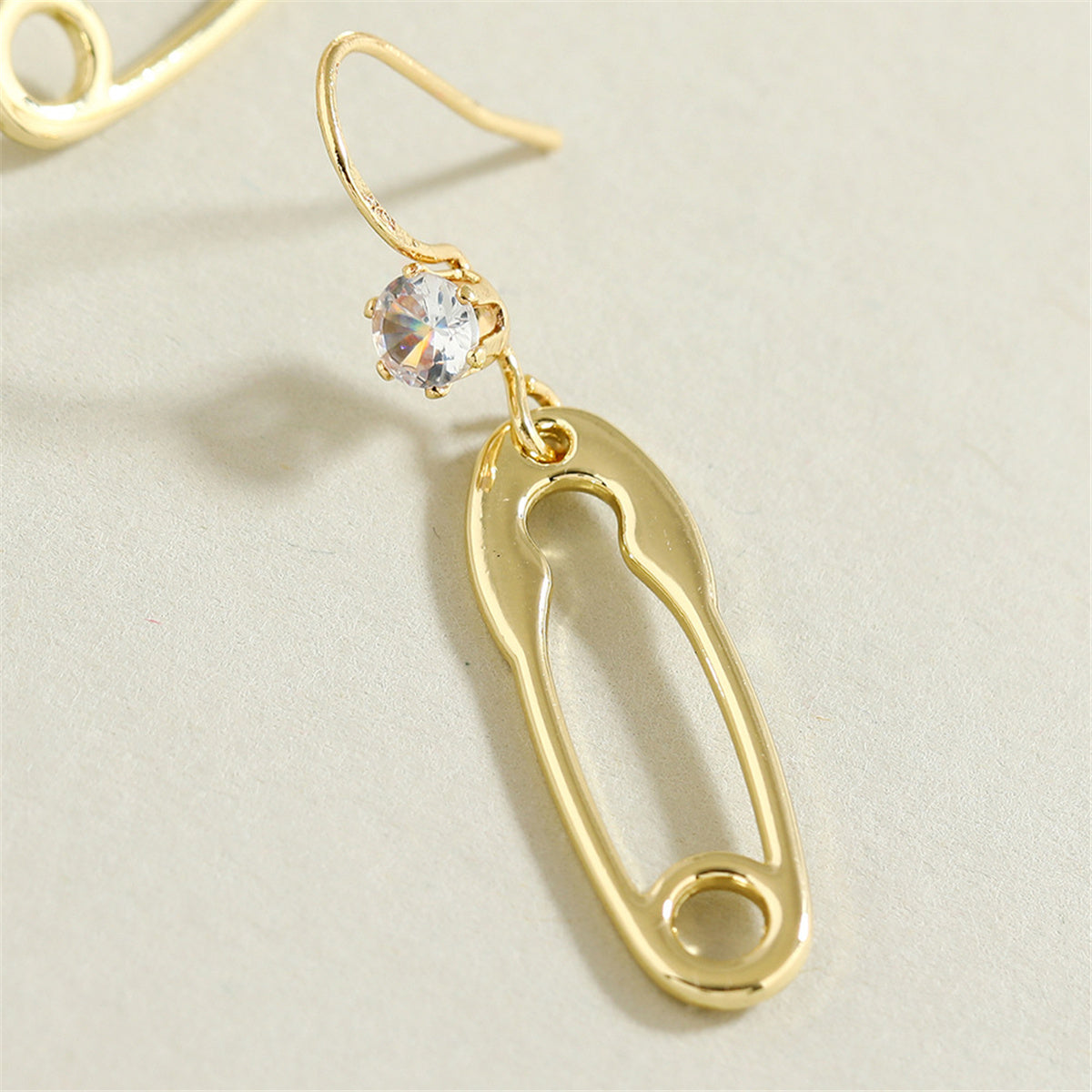 Cubic Zirconia and 18K Gold-Plated Safety Pin Drop Earrings, gold drop earrings for women, everyday style, styled look