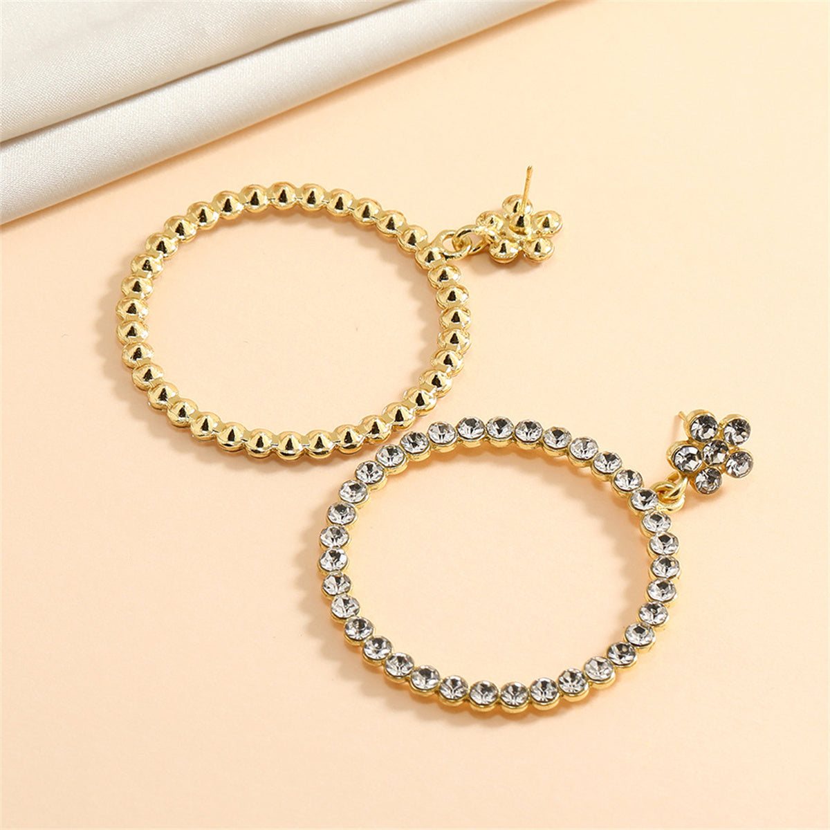 Iridescent Cubic Zirconia and 18K Gold-Plated Floral Circle Drop Earrings, gold drop earrings for women, lifestyle look