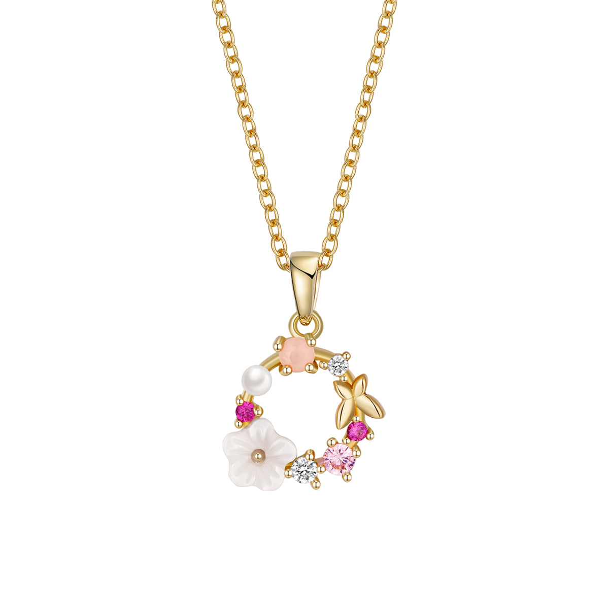 Gold-plated necklace featuring pink flower pendants adorned with crystals, showcasing elegance and charm.