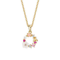 Gold-plated necklace featuring pink flower pendants adorned with crystals, showcasing elegance and charm.