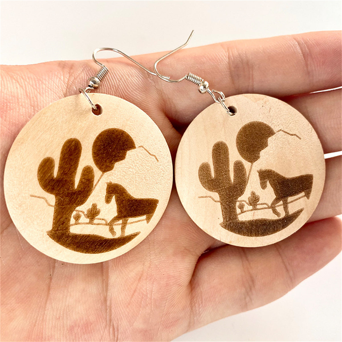 Wood and Silver-Plated Sunset Cactus Horse Round Drop Earrings, silver drop earrings for women, side view