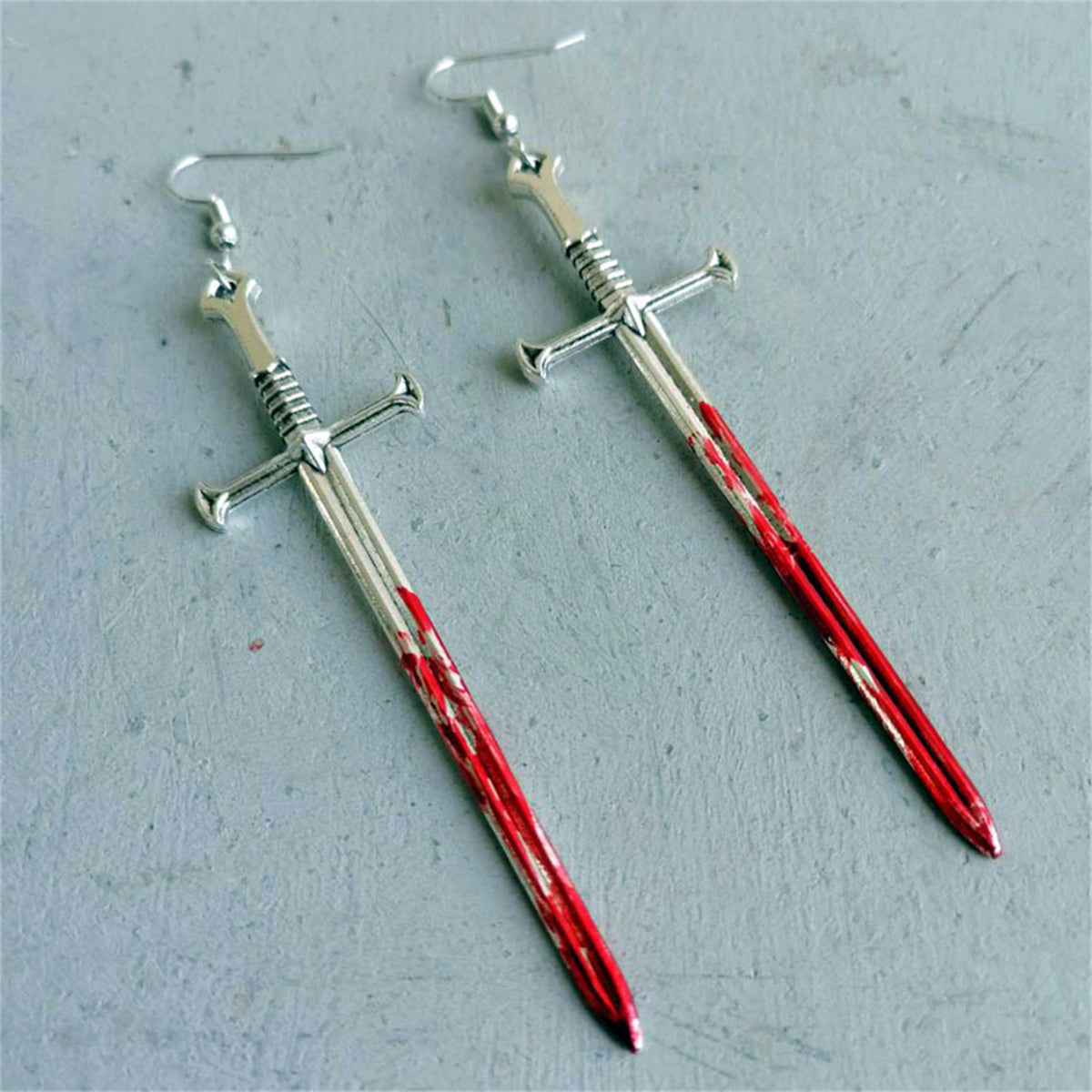 Red Enamel and Silver-Plated Sword Drop Earring, silver drop earrings for women, vintage-inspired design, front view