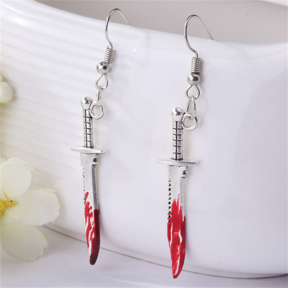 Red Enamel and Silver-Plated Dagger Drop Earring, silver drop earrings for women, elegant gift for her, front view