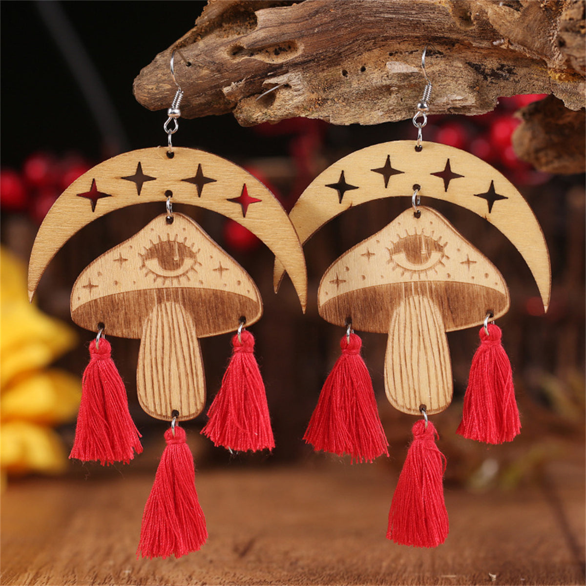 Brown and Red Moon Mushroom Tassel-Accent Drop Earrings, drop earrings for women, dainty minimalist design, front view