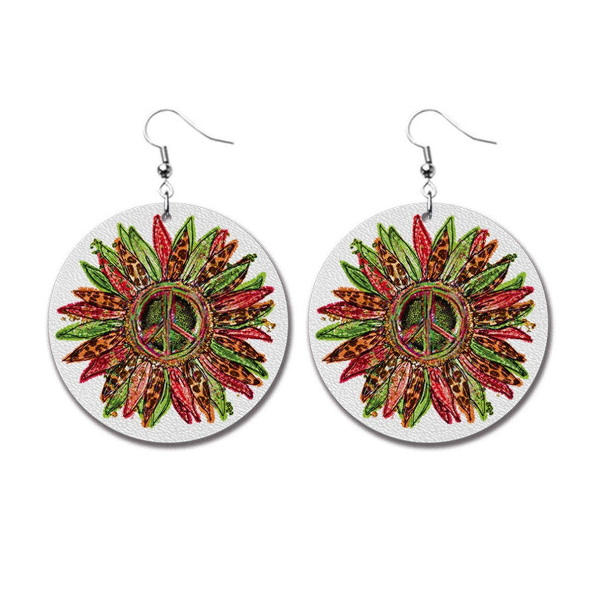 Green and Red Peace Sign Sunflower Round Drop Earrings, drop earrings for women, botanical inspired, front view