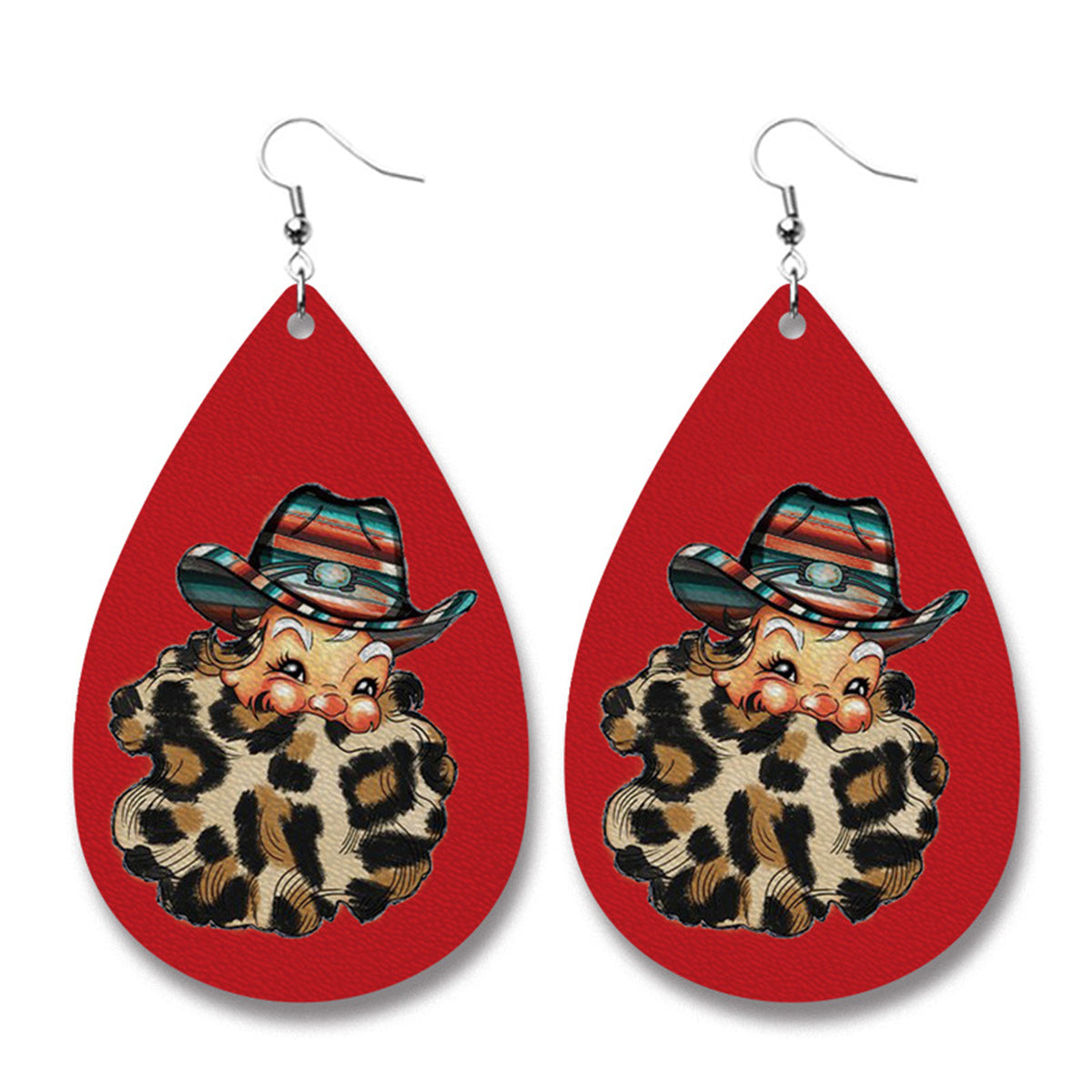 Red Leopard and Silver-Plated Santa Drop Earrings, silver drop earrings for women, everyday style, front view