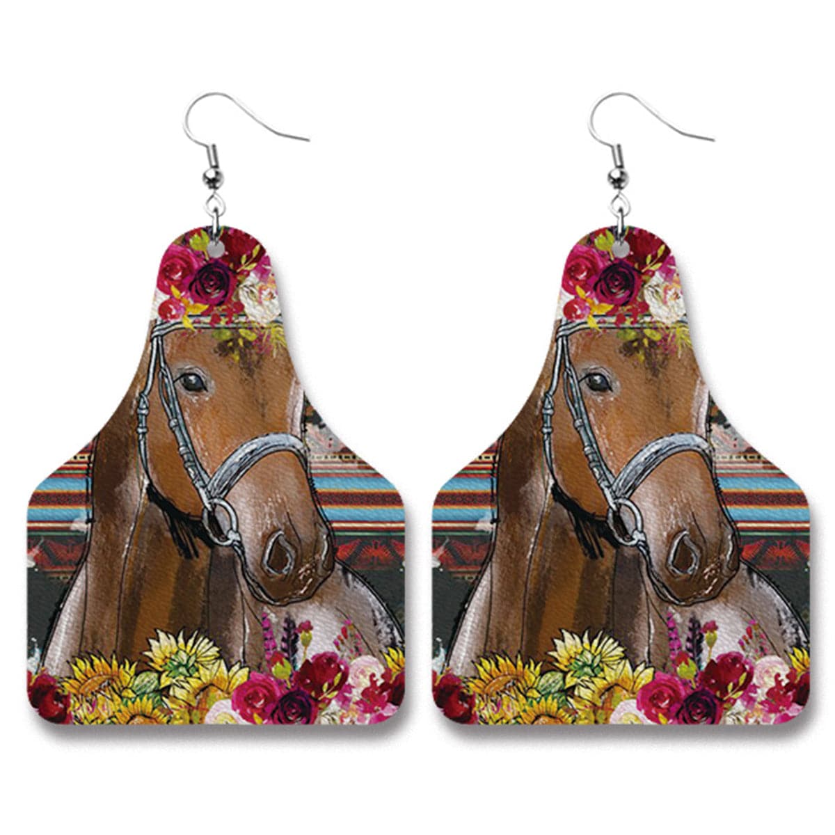 Brown Polystyrene and Silver-Plated Botanical Horse Drop Earrings, silver drop earrings for women, front view
