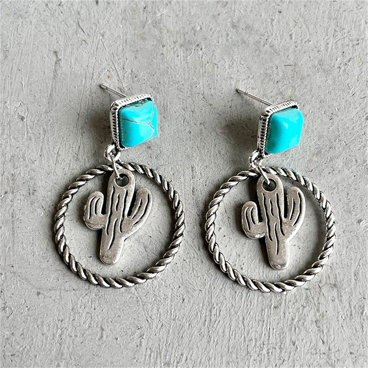 Turquoise and Silver-Plated Cactus Drop Earrings, silver drop earrings for women, everyday style, side view
