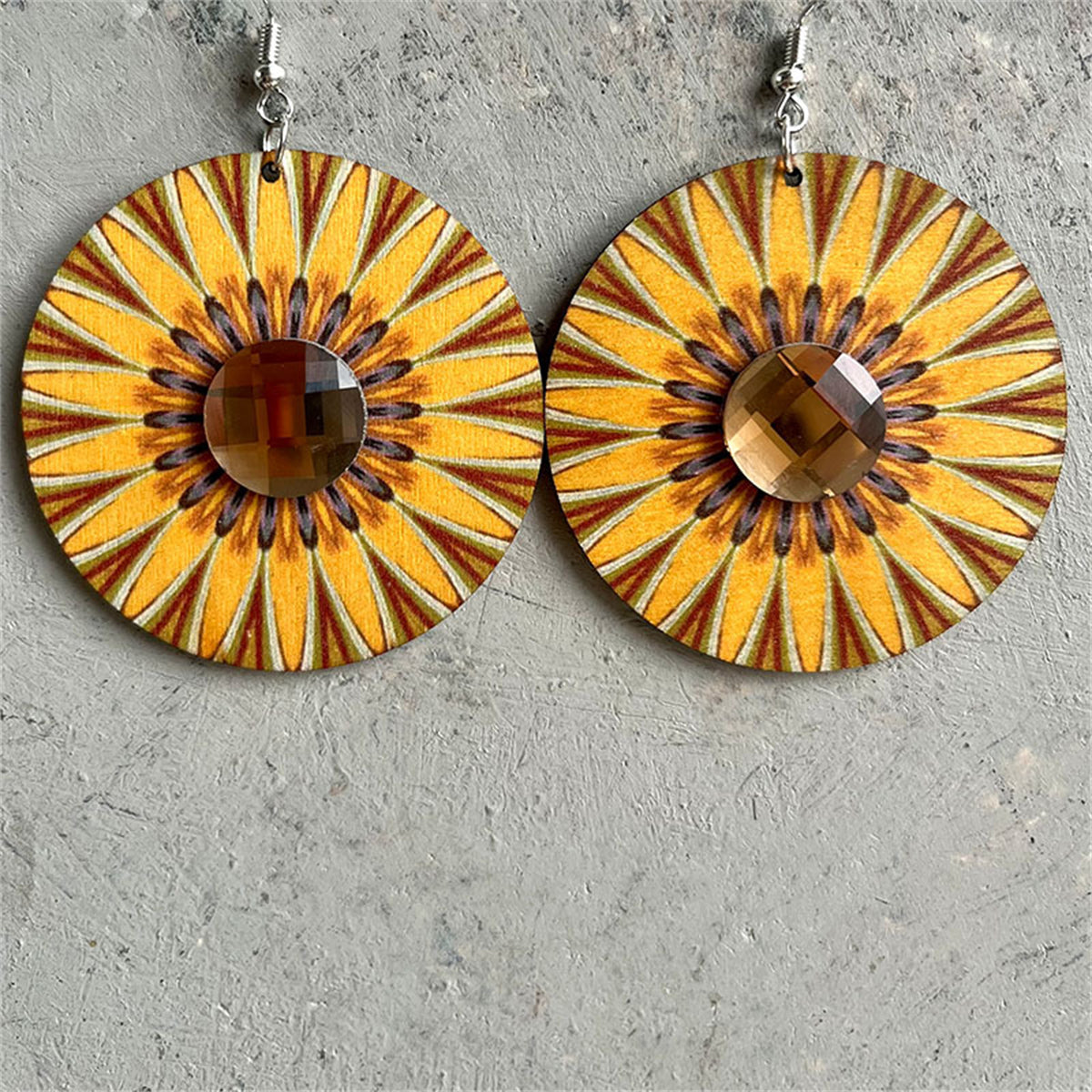 Yellow Wood and Crystal Flower Round Drop Earrings, drop earrings for women, everyday style, front view