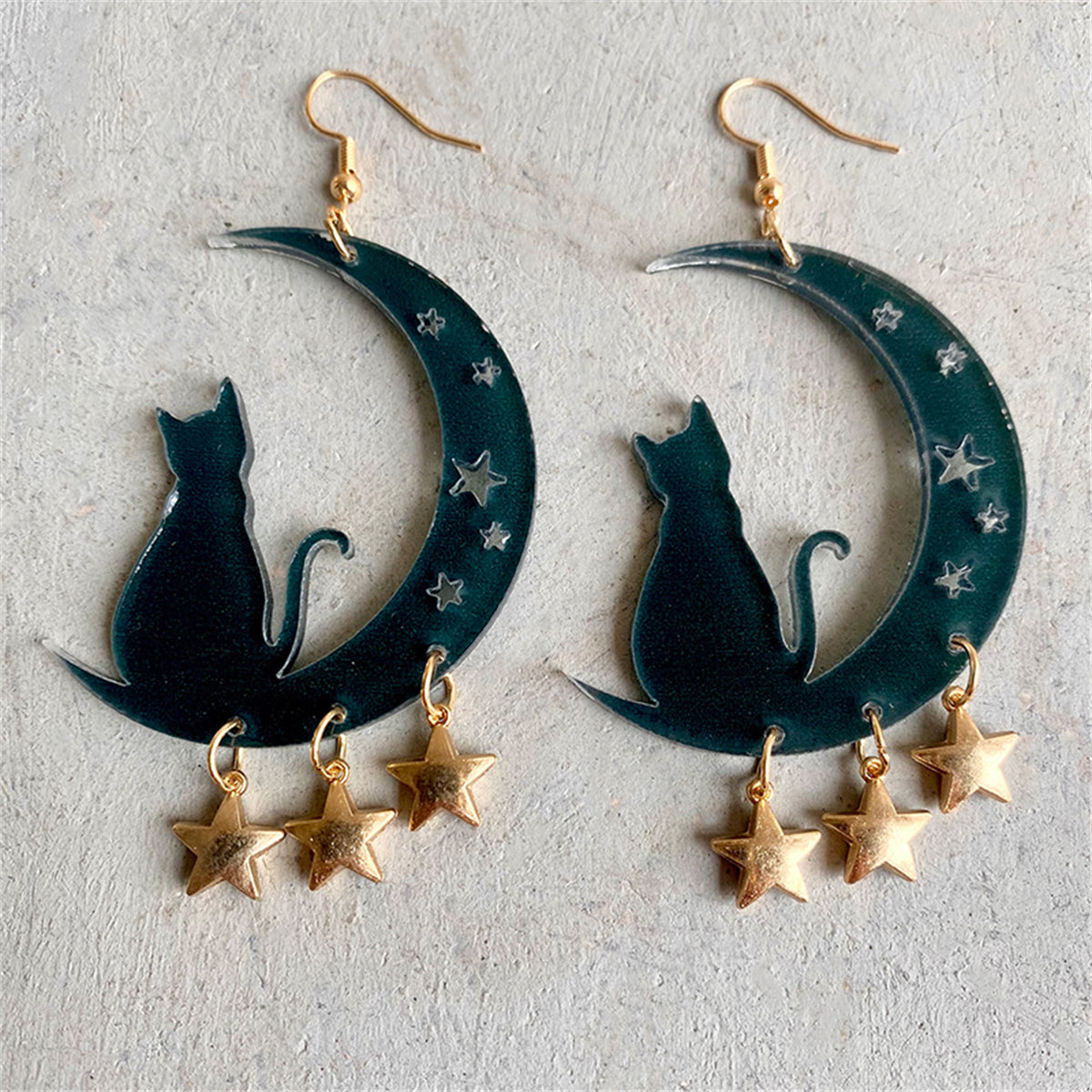 Black and 18K Gold-Plated Moon and Star Cat Drop Earrings, gold drop earrings for women, botanical inspired, side view