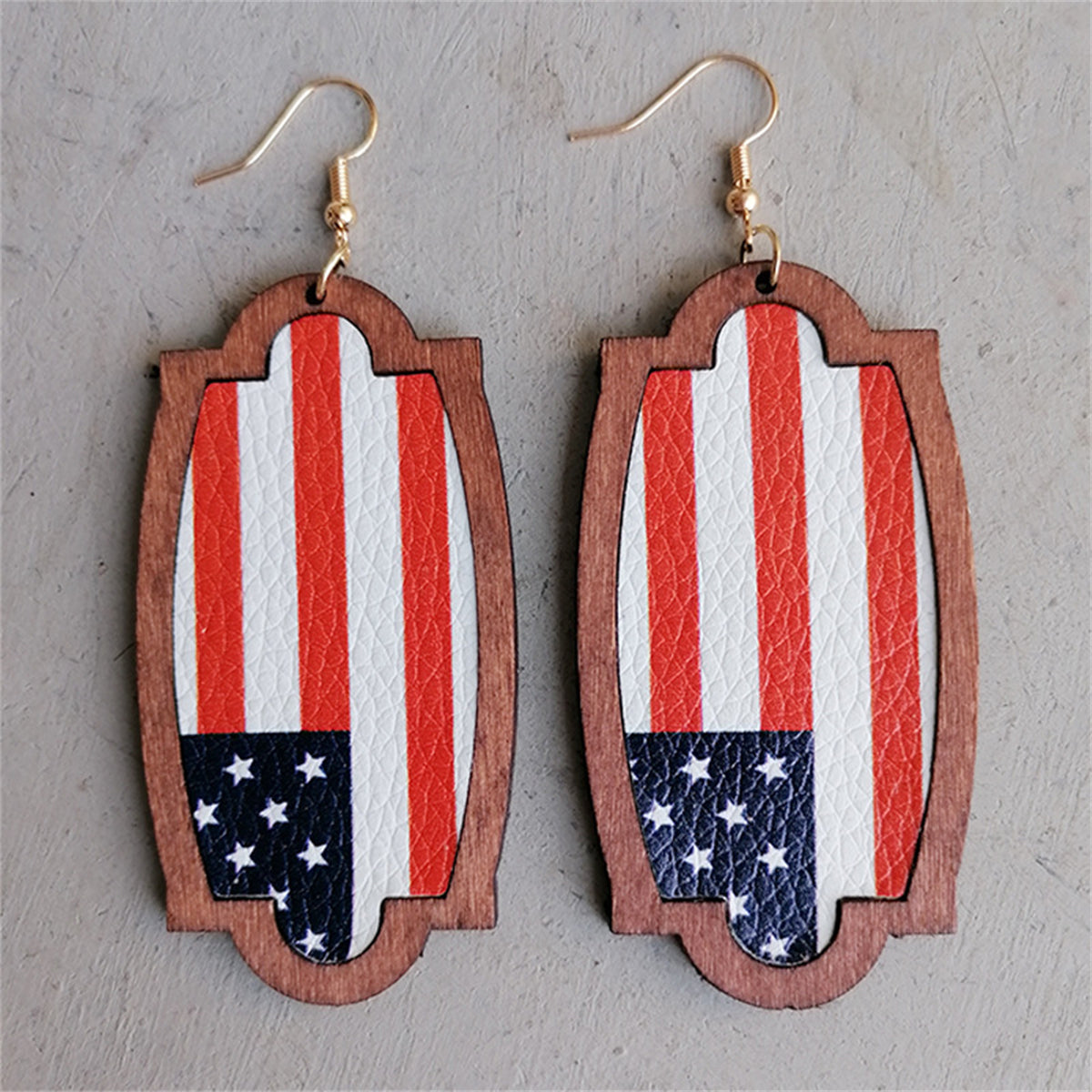 Red and Brown American Flag Wood Drop Earrings, drop earrings for women, elegant gift for her, front view