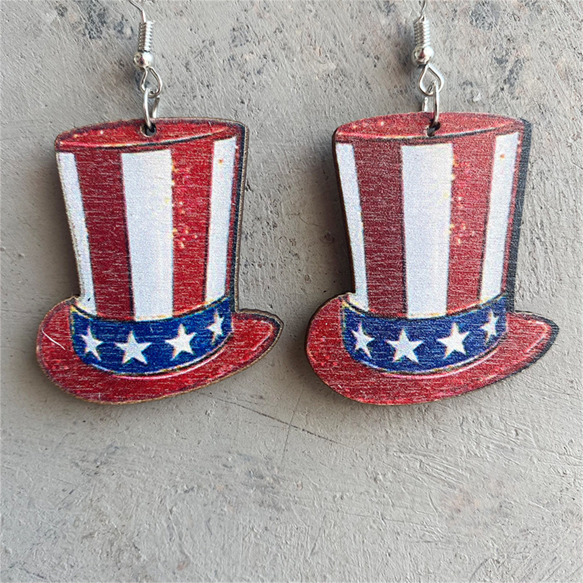 Red Multicolor Wood and Silver-Plated Americana Hat Drop Earrings, silver drop earrings for women, front view