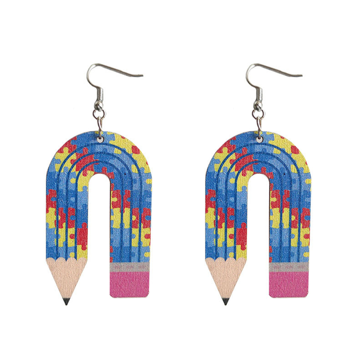 Blue Wood and Silver-Plated Pencil Drop Earrings, silver drop earrings for women, botanical inspired, side view