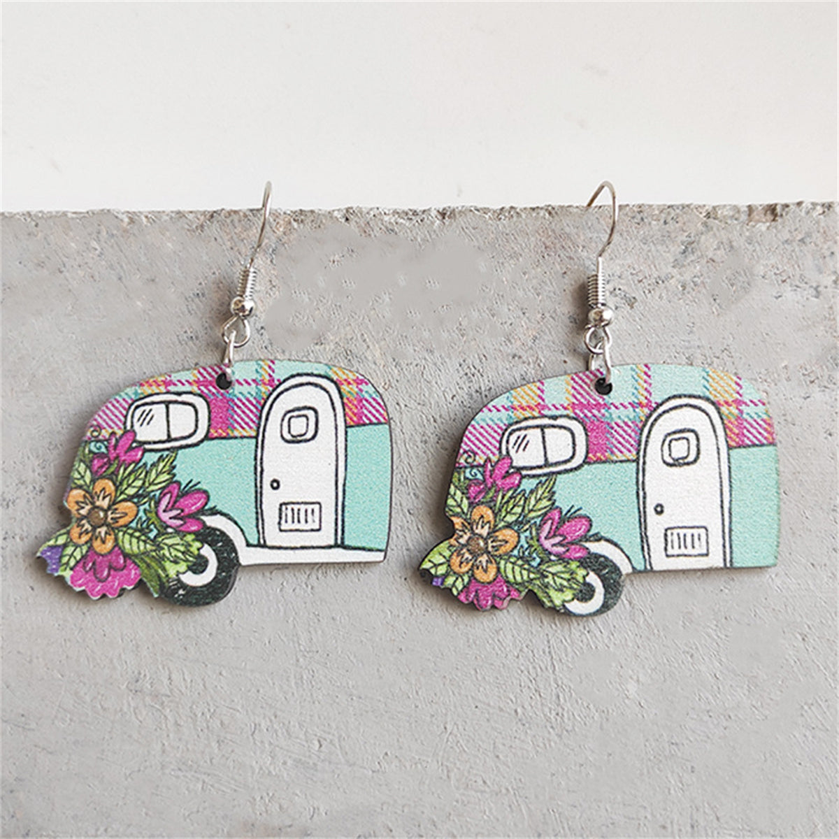 Pink and Blue Floral Camper Drop Earrings, drop earrings for women, elegant gift for her, front view
