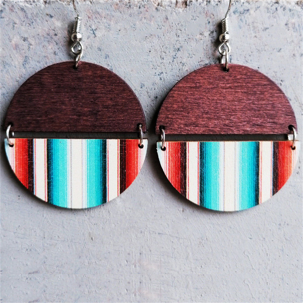 Cherry Wood and Blue Stripe Round Drop Earrings, drop earrings for women, dainty minimalist design, front view