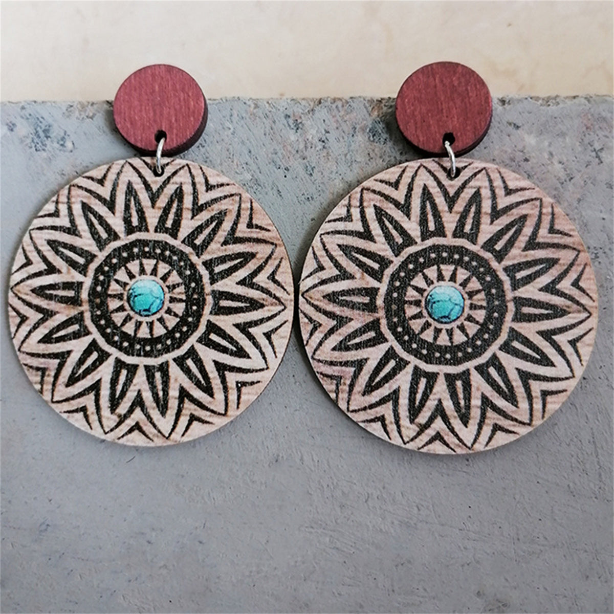 Wood and Silver-Plated Lotus Round Drop Earrings, silver drop earrings for women, everyday style, front view