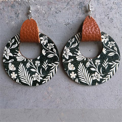 Black & White Floral Wood Round Drop Earrings