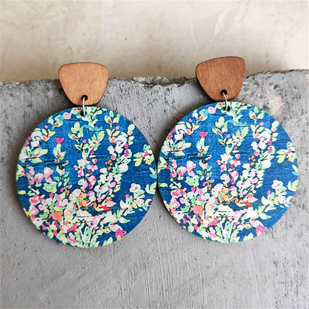 Blue and Green Wood Floral Painted Round Dangle Earrings, drop earrings for women, vintage-inspired design, front view