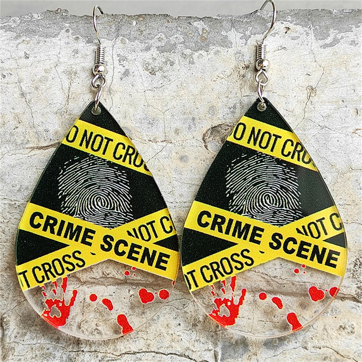 Red Acrylic and Silver-Plated 'Crime Scene' Finger Print Drop Earrings, silver drop earrings for women, front view