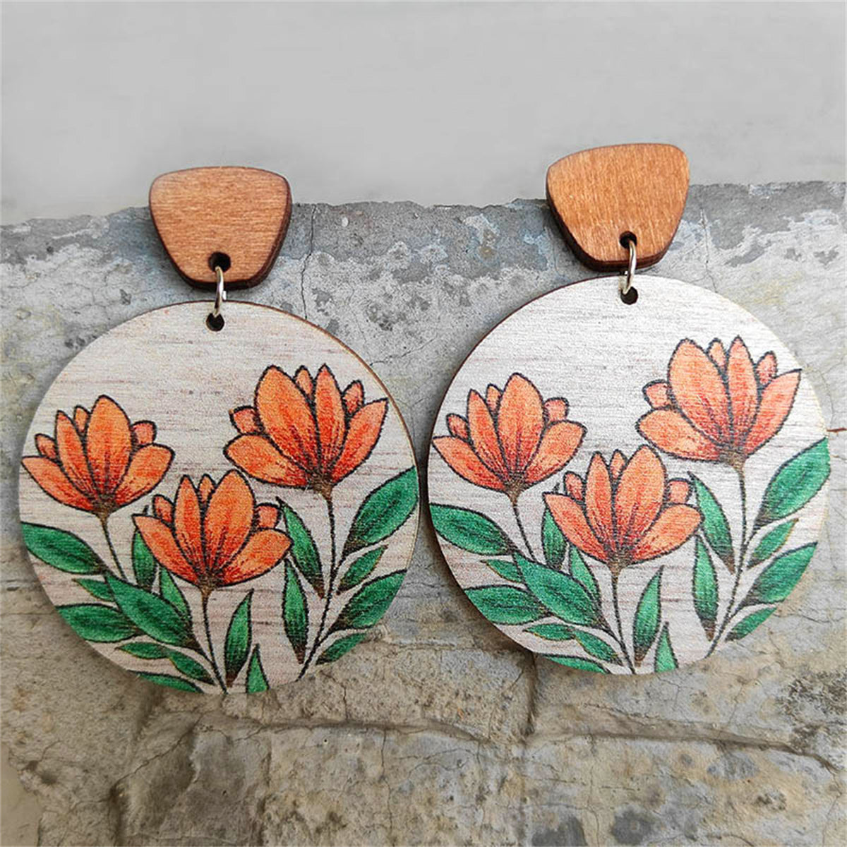 Orange and Brown Floral Wood Drop Earrings, drop earrings for women, elegant gift for her, front view