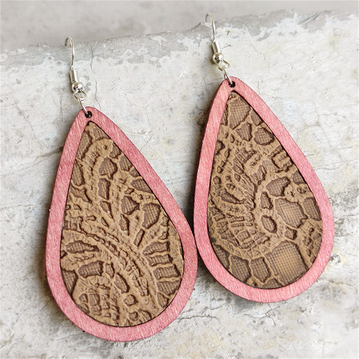 Pink and Brown Lace-Textured Teardrop Earrings, drop earrings for women, everyday style, front view